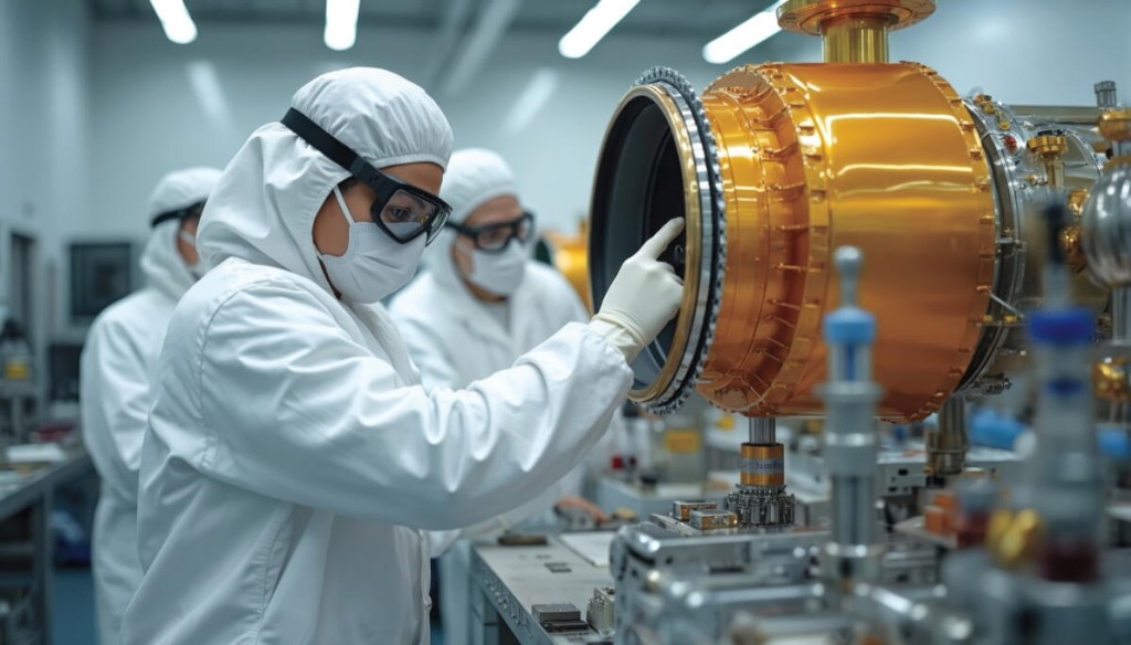 Technicians in cleanroom suits inspecting aerospace hardware