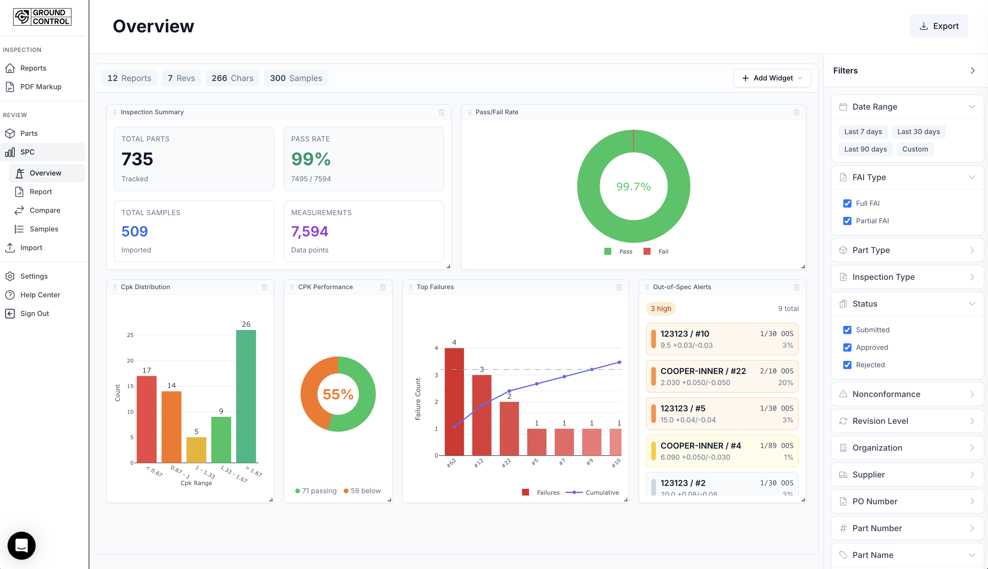 GroundControl Supplier Quality dashboard with inspection summary, pass rate, and supplier filters