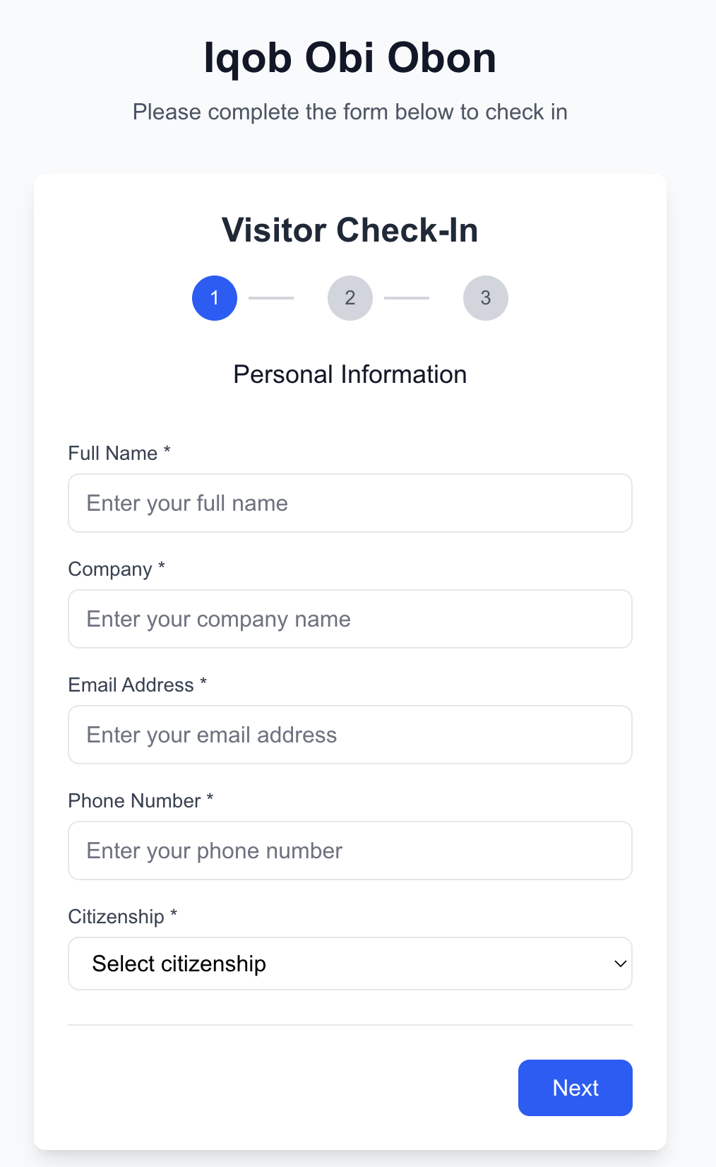 Visitor check-in form with personal information, company, email, phone, and citizenship fields